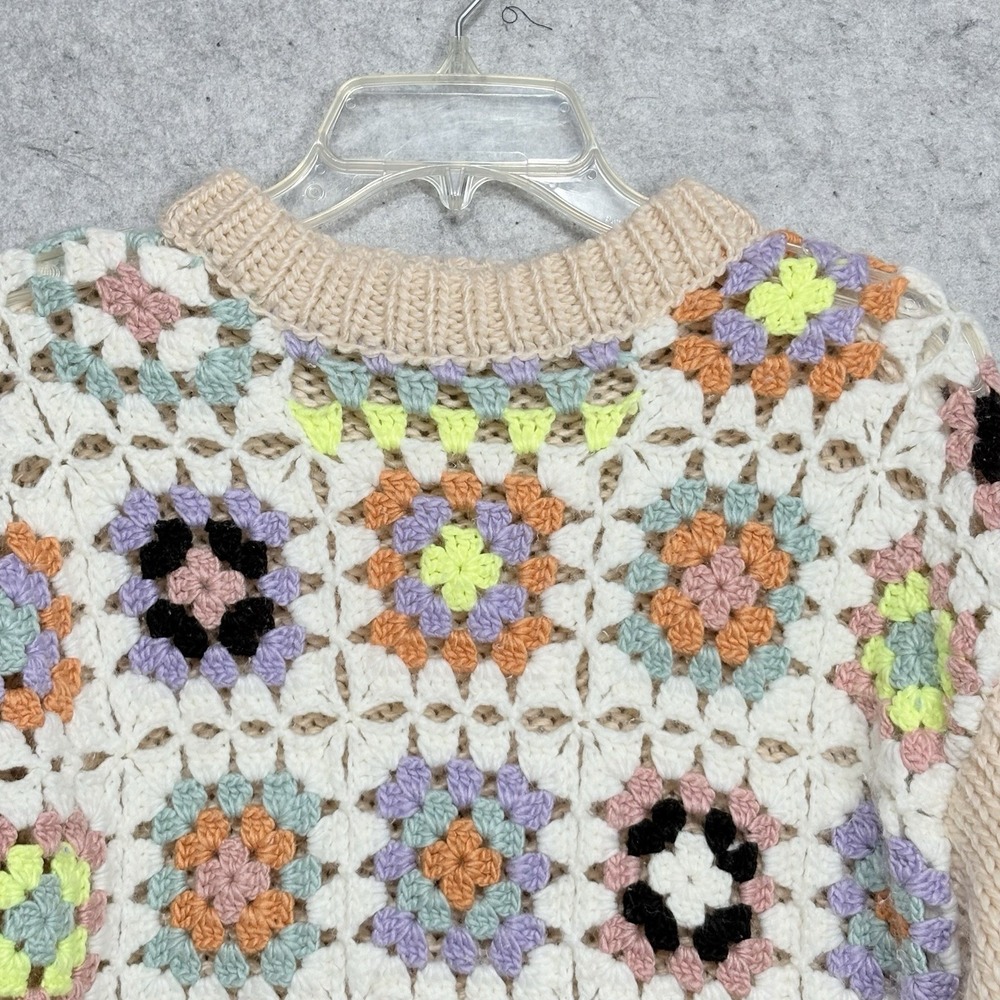 Listicle Granny Square Crochet Sweater S Boho Cottagecore Balloon Sleeve - Picture 3 of 11